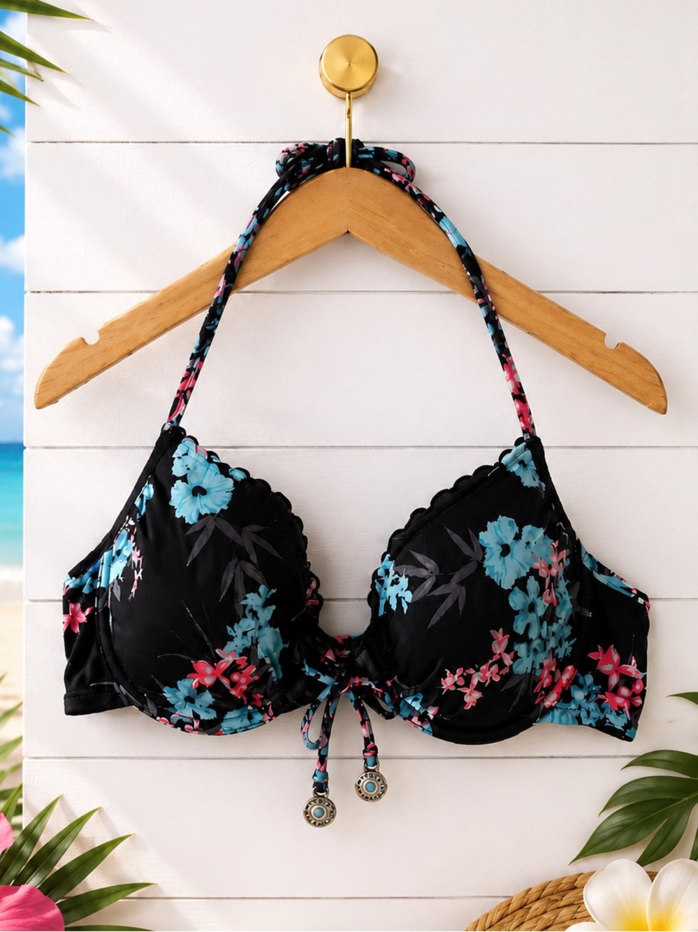 🖤 H&M Floral Underwire Bikini Swim Top 36C | Gold Charm Tie Detail | EUC